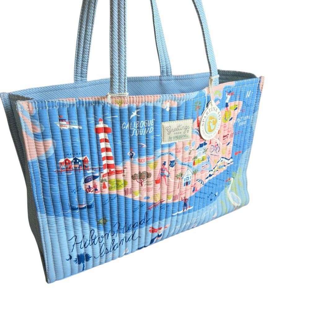 Spartina 449 Hilton Head Island Quilted Cotton Tote Bag Washable Blue Map Resort